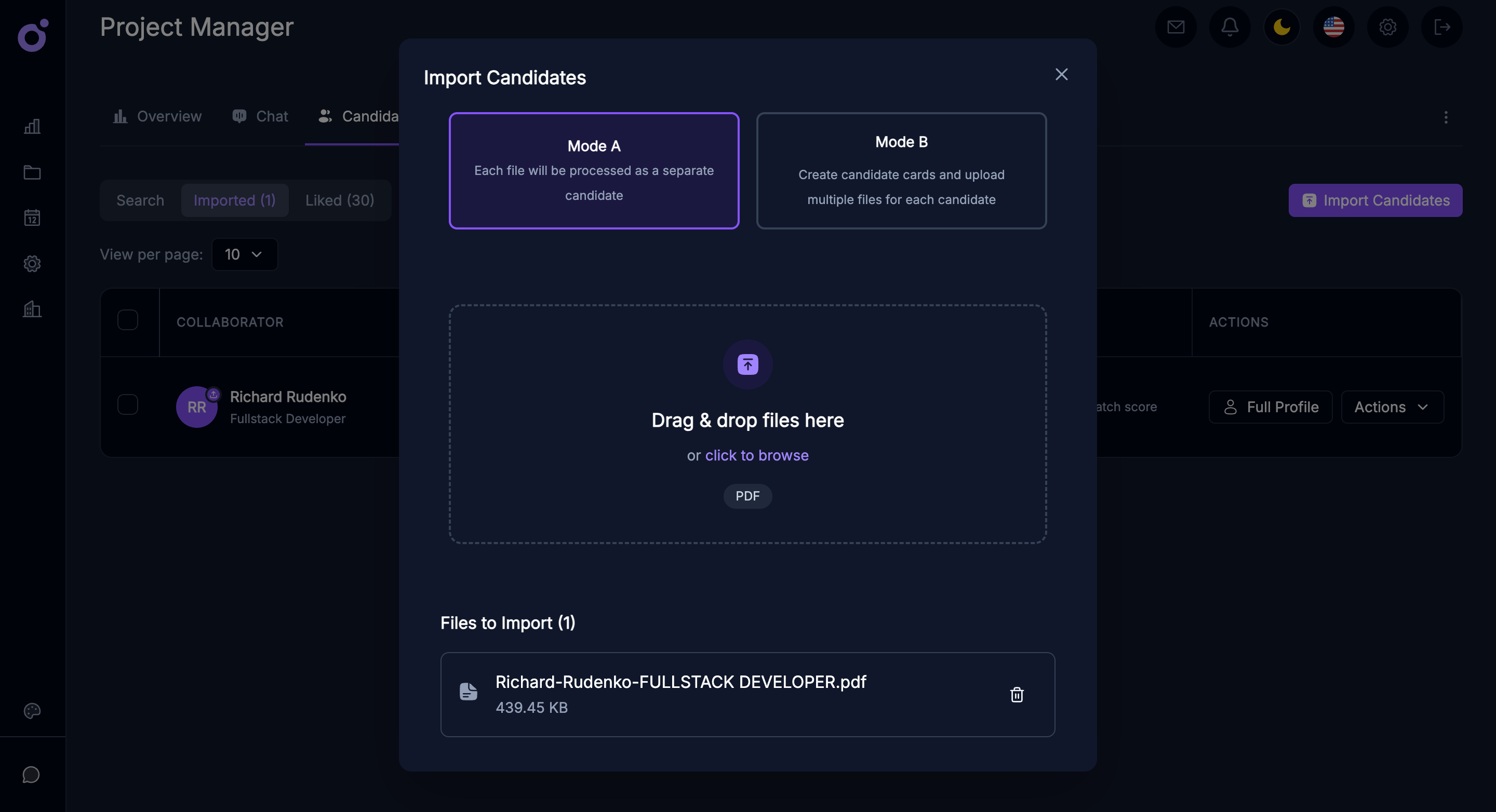 Import dashboard showing candidate files being uploaded and parsed