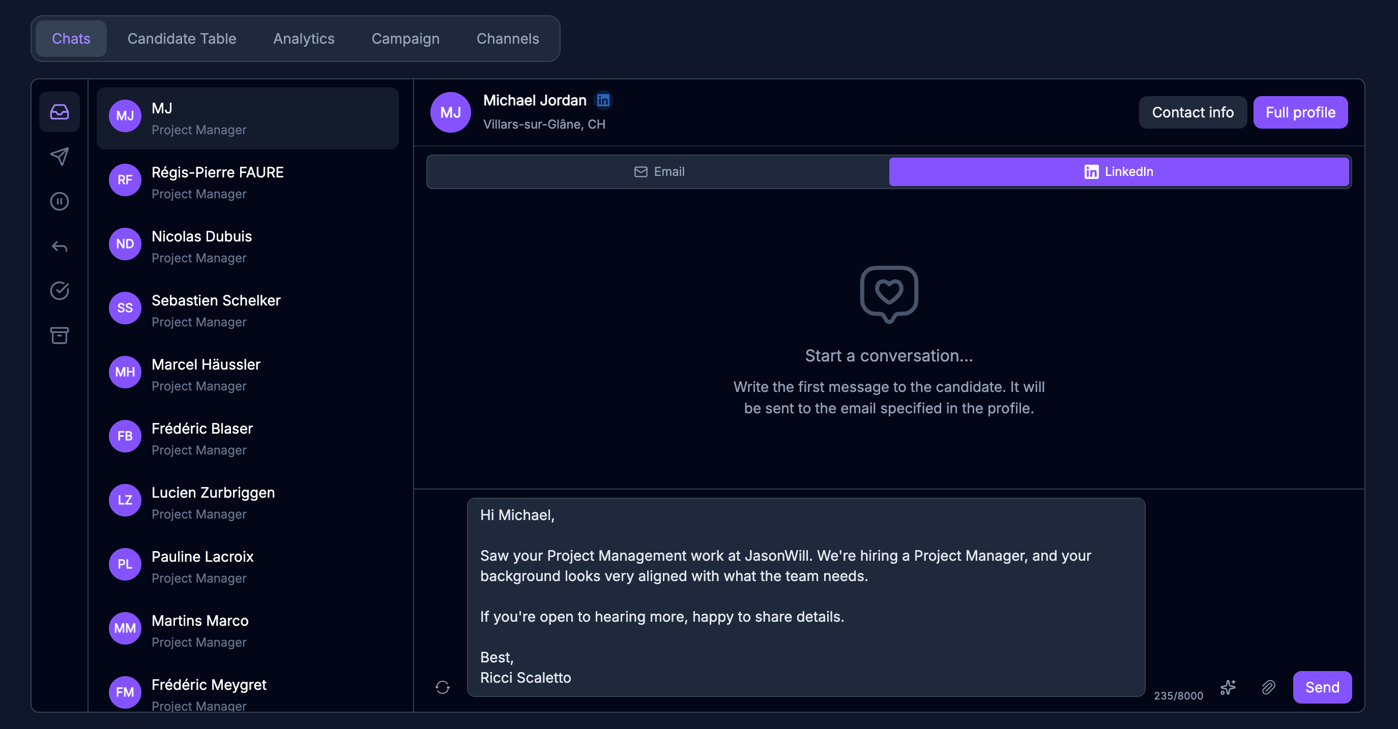 Outreach campaign dashboard with candidate chat and automated messaging