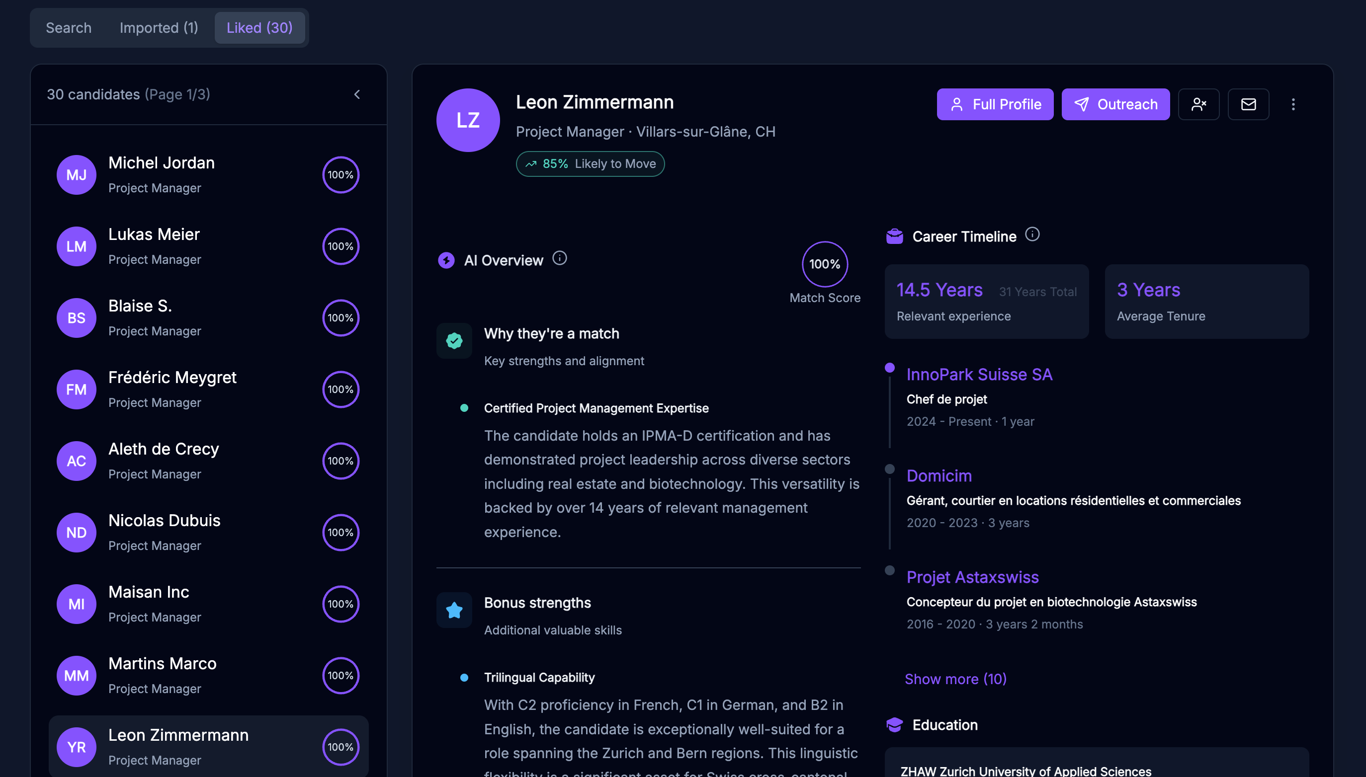 BeskarStaff candidates browser showing a ranked list with a selected profile preview